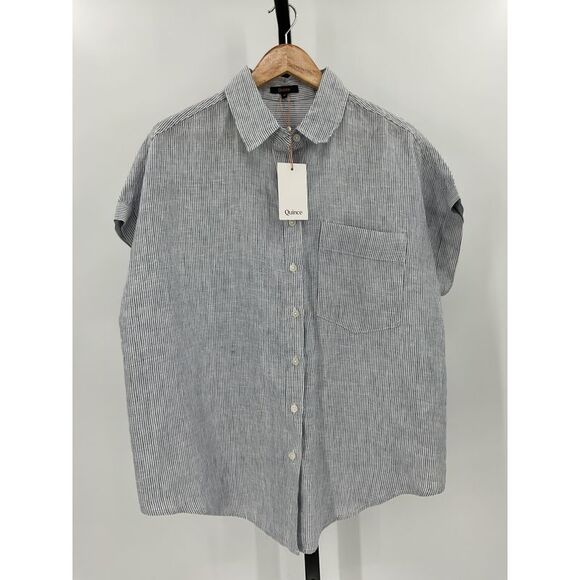 Quince Tops - Quince Women's 100% European Linen Camp Shirt Pinstripe Blue M